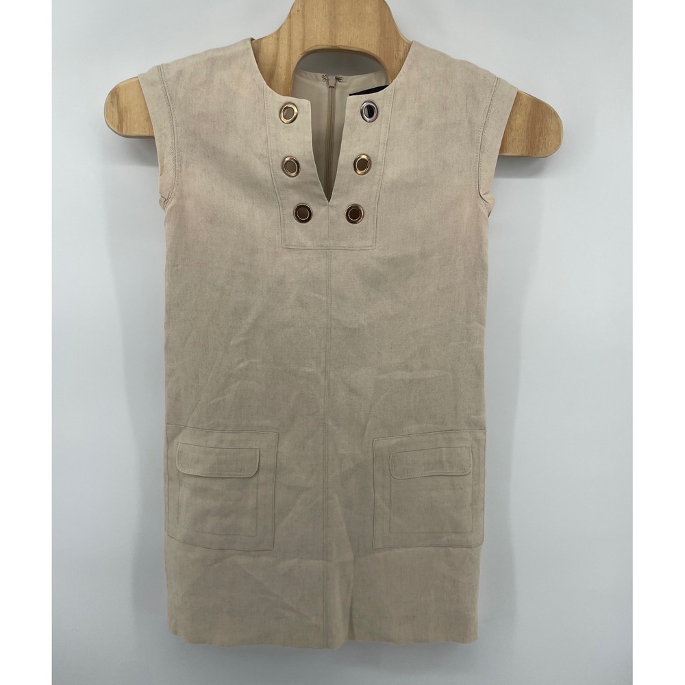 J.Crew Shift Dress Sz4 Beige Linen Grommet V-Neck Sleeveless Mini Pocket Office